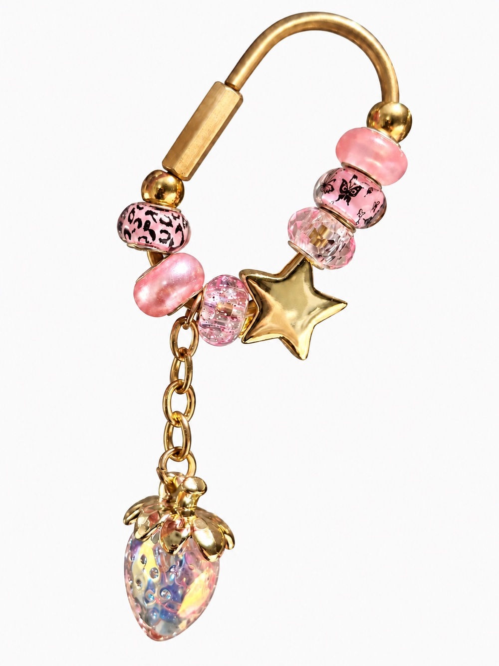Handmade Pink Star Strawberry Gold Tone Brass Carabiner Bag Charm Keychain